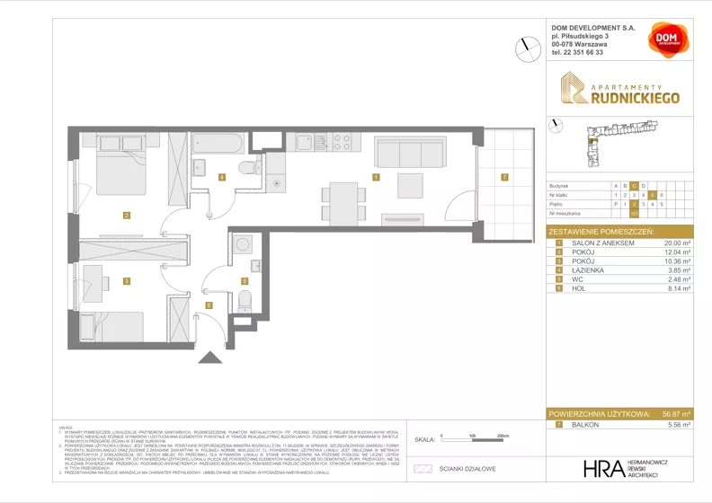 3 pokoje, mieszkanie 56,87 m², piętro 2, oferta nr C/123, Apartamenty Rudnickiego, Warszawa, Bielany, Piaski, ul. Rudnickiego 7