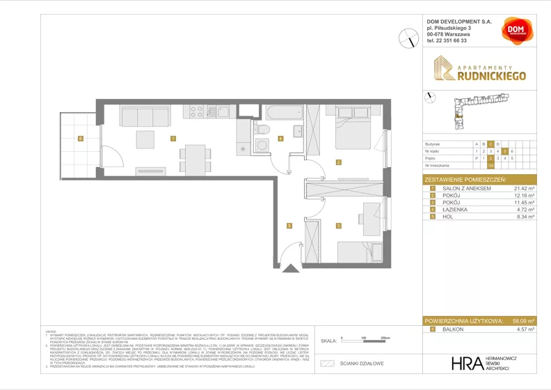 3 pokoje, mieszkanie 58,09 m², piętro 2, oferta nr C/126, Apartamenty Rudnickiego, Warszawa, Bielany, Piaski, ul. Rudnickiego 7