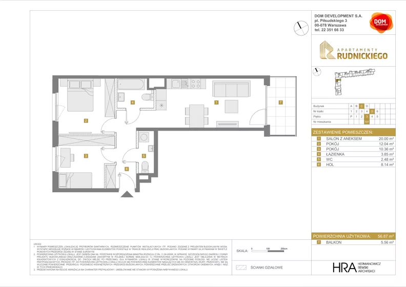 3 pokoje, mieszkanie 56,87 m², piętro 3, oferta nr C/127, Apartamenty Rudnickiego, Warszawa, Bielany, Piaski, ul. Rudnickiego 7