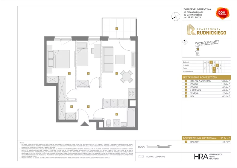3 pokoje, mieszkanie 50,74 m², piętro 3, oferta nr C/129, Apartamenty Rudnickiego, Warszawa, Bielany, Piaski, ul. Rudnickiego 7