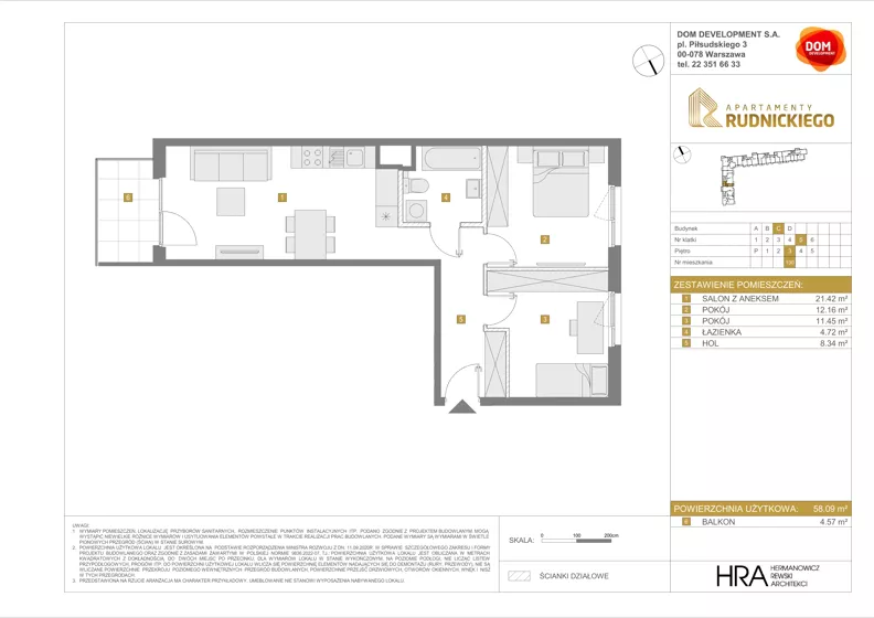 3 pokoje, mieszkanie 58,09 m², piętro 3, oferta nr C/130, Apartamenty Rudnickiego, Warszawa, Bielany, Piaski, ul. Rudnickiego 7