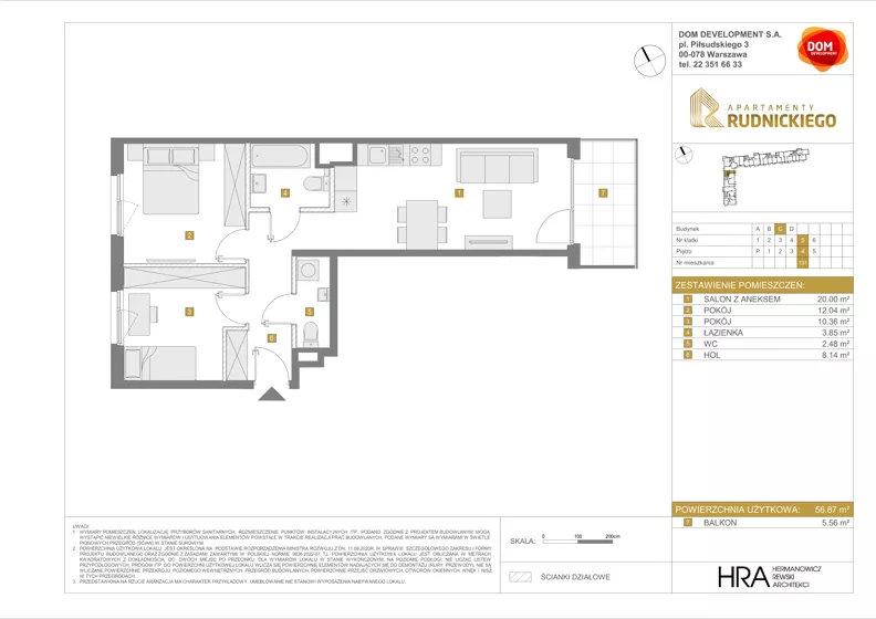 3 pokoje, mieszkanie 56,87 m², piętro 4, oferta nr C/131, Apartamenty Rudnickiego, Warszawa, Bielany, Piaski, ul. Rudnickiego 7