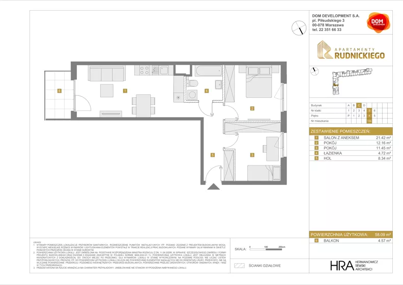 3 pokoje, mieszkanie 58,09 m², piętro 4, oferta nr C/134, Apartamenty Rudnickiego, Warszawa, Bielany, Piaski, ul. Rudnickiego 7