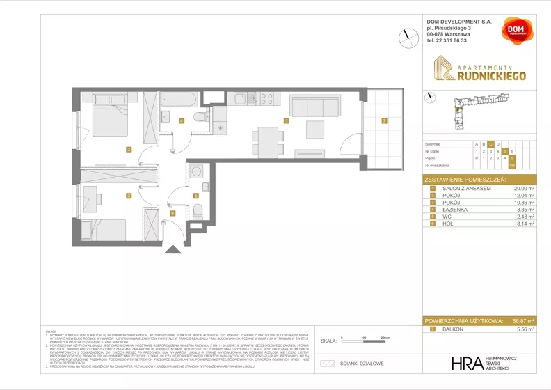 3 pokoje, mieszkanie 56,87 m², piętro 5, oferta nr C/135, Apartamenty Rudnickiego, Warszawa, Bielany, Piaski, ul. Rudnickiego 7