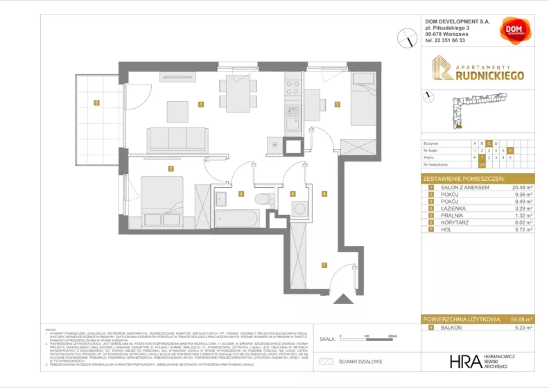 3 pokoje, mieszkanie 54,68 m², piętro 1, oferta nr C/145, Apartamenty Rudnickiego, Warszawa, Bielany, Piaski, ul. Rudnickiego 7