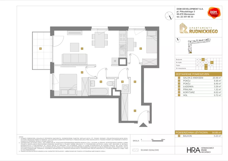 3 pokoje, mieszkanie 54,68 m², piętro 3, oferta nr C/155, Apartamenty Rudnickiego, Warszawa, Bielany, Piaski, ul. Rudnickiego 7