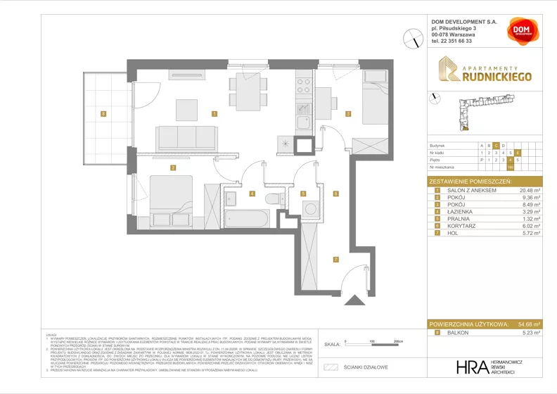 3 pokoje, mieszkanie 54,68 m², piętro 4, oferta nr C/160, Apartamenty Rudnickiego, Warszawa, Bielany, Piaski, ul. Rudnickiego 7