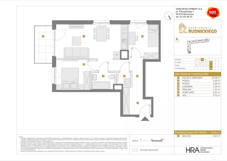 3 pokoje, mieszkanie 54,63 m², piętro 5, oferta nr C/165, Apartamenty Rudnickiego, Warszawa, Bielany, Piaski, ul. Rudnickiego 7