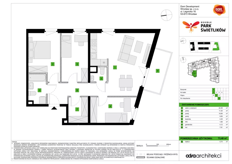 4 pokoje, mieszkanie 73,48 m², piętro 1, oferta nr A/9, Osiedle Park Świetlików, Wrocław, Maślice, Aleja Śliwowa 21