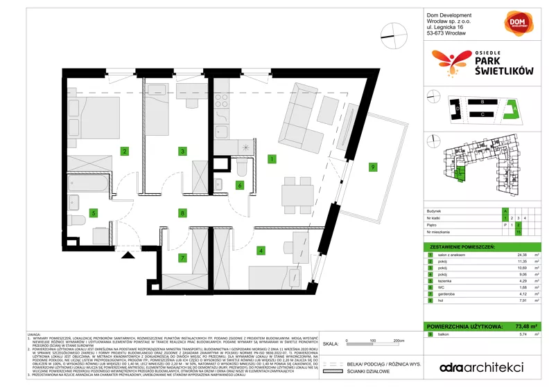 4 pokoje, mieszkanie 73,48 m², piętro 2, oferta nr A/15, Osiedle Park Świetlików, Wrocław, Maślice, Aleja Śliwowa 21