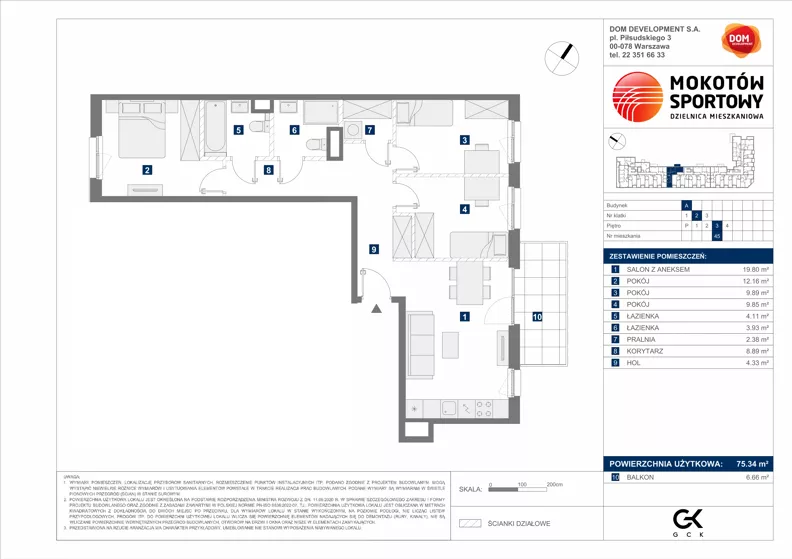 4 pokoje, mieszkanie 75,34 m², piętro 3, oferta nr A/45, Mokotów Sportowy 1.3, Warszawa, Mokotów, Augustówka, ul. Antoniewska
