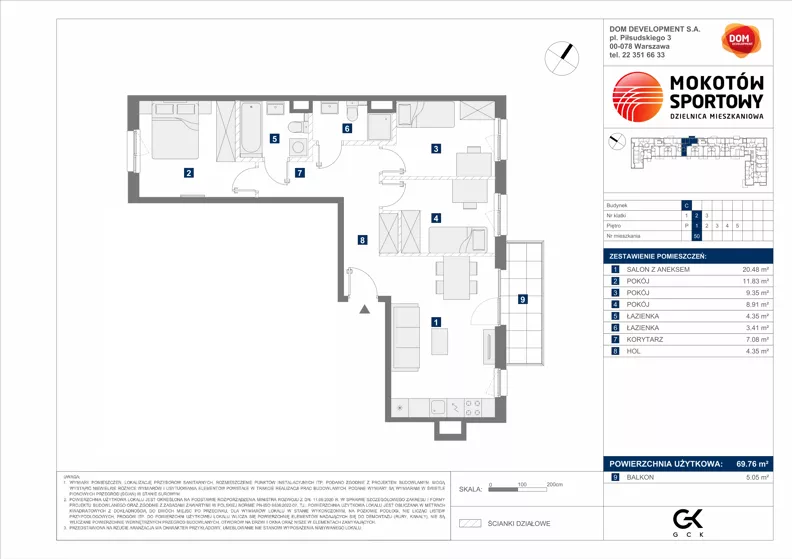 4 pokoje, mieszkanie 69,76 m², piętro 1, oferta nr C/50, Mokotów Sportowy 1.3, Warszawa, Mokotów, Augustówka, ul. Antoniewska