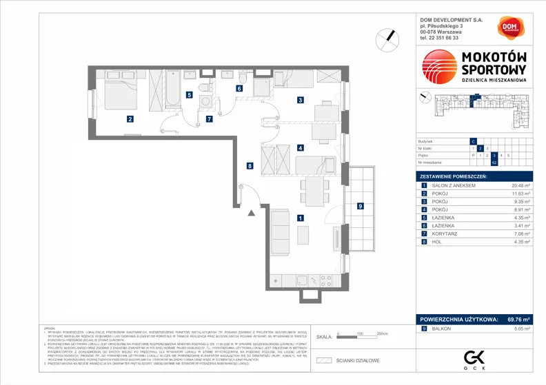 4 pokoje, mieszkanie 69,76 m², piętro 3, oferta nr C/62, Mokotów Sportowy 1.3, Warszawa, Mokotów, Augustówka, ul. Antoniewska