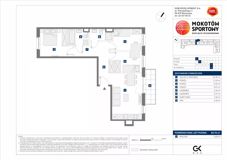 4 pokoje, mieszkanie 69,76 m², piętro 5, oferta nr C/74, Mokotów Sportowy 1.3, Warszawa, Mokotów, Augustówka, ul. Antoniewska