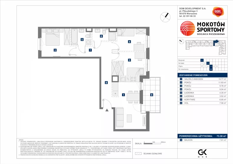4 pokoje, mieszkanie 73,30 m², piętro 3, oferta nr C/98, Mokotów Sportowy 1.3, Warszawa, Mokotów, Augustówka, ul. Antoniewska