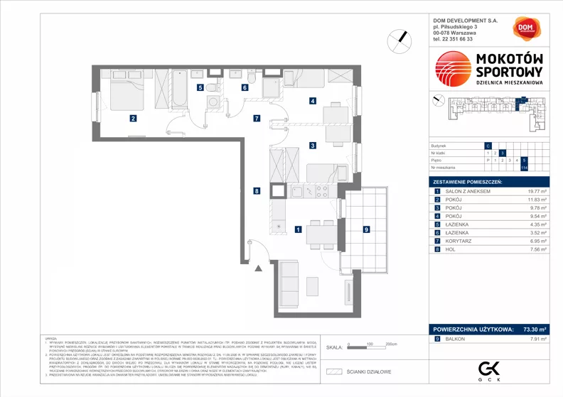 4 pokoje, mieszkanie 73,30 m², piętro 5, oferta nr C/114, Mokotów Sportowy 1.3, Warszawa, Mokotów, Augustówka, ul. Antoniewska