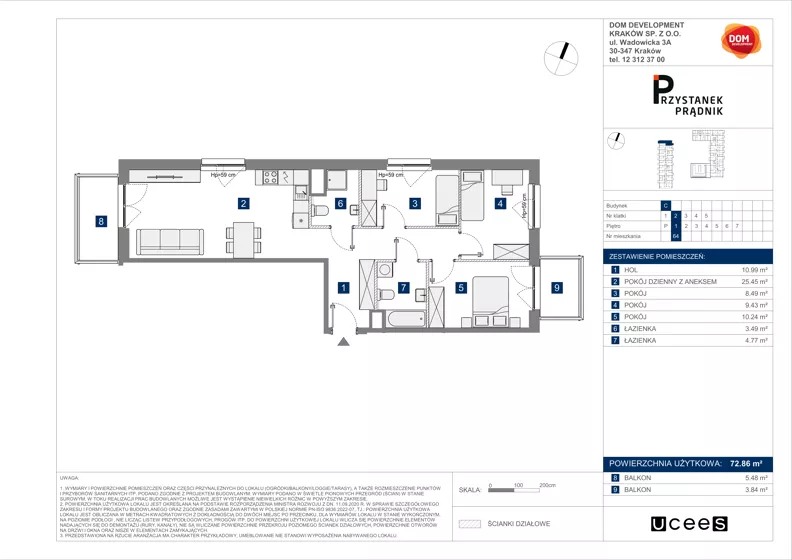 4 pokoje, mieszkanie 72,86 m², piętro 1, oferta nr C/64, Przystanek Prądnik 2, Kraków, Prądnik Biały, Górka Narodowa, ul. Meiera