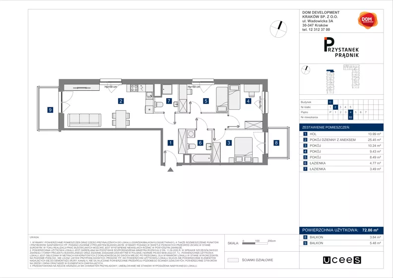 4 pokoje, mieszkanie 72,86 m², piętro 4, oferta nr C/82, Przystanek Prądnik 2, Kraków, Prądnik Biały, Górka Narodowa, ul. Meiera