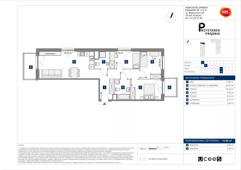 4 pokoje, mieszkanie 72,86 m², piętro 6, oferta nr C/94, Przystanek Prądnik 2, Kraków, Prądnik Biały, Górka Narodowa, ul. Meiera