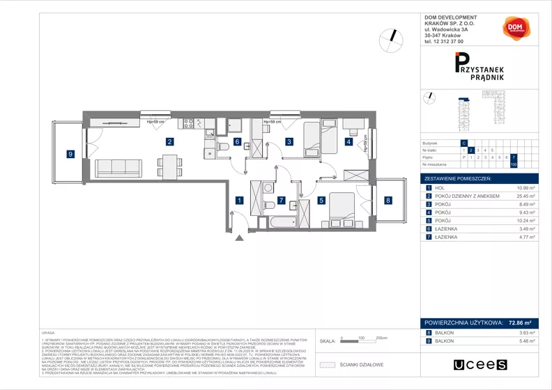 4 pokoje, mieszkanie 72,86 m², piętro 7, oferta nr C/100, Przystanek Prądnik 2, Kraków, Prądnik Biały, Górka Narodowa, ul. Meiera