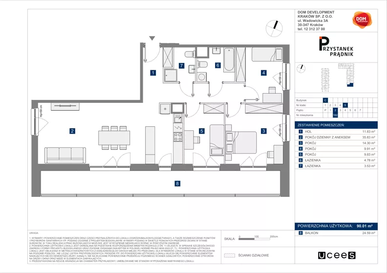 4 pokoje, mieszkanie 90,01 m², piętro 2, oferta nr C/182, Przystanek Prądnik 2, Kraków, Prądnik Biały, Górka Narodowa, ul. Meiera