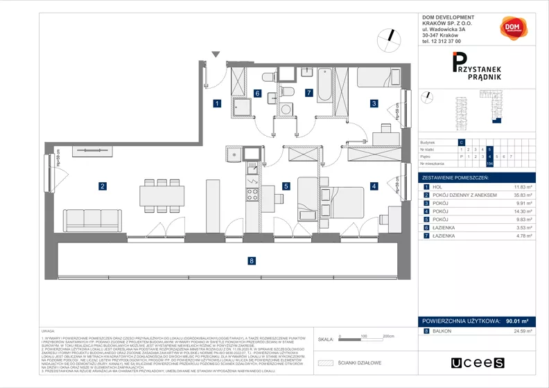 4 pokoje, mieszkanie 90,01 m², piętro 4, oferta nr C/194, Przystanek Prądnik 2, Kraków, Prądnik Biały, Górka Narodowa, ul. Meiera