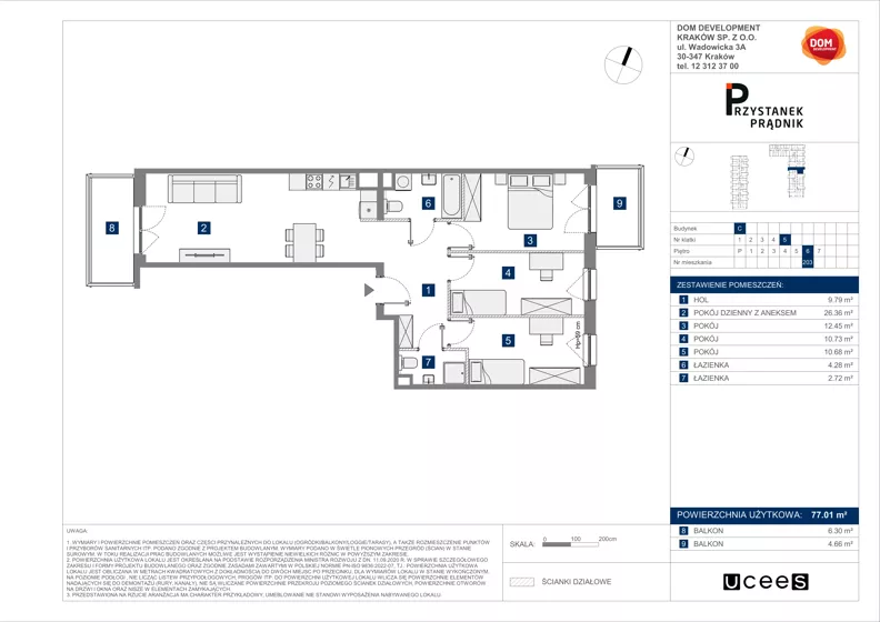 4 pokoje, mieszkanie 77,01 m², piętro 6, oferta nr C/203, Przystanek Prądnik 2, Kraków, Prądnik Biały, Górka Narodowa, ul. Meiera