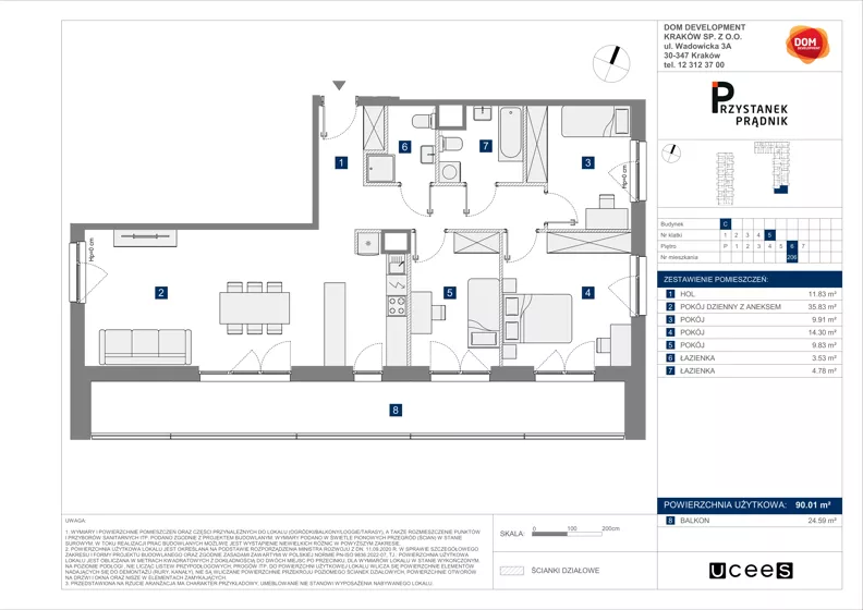4 pokoje, mieszkanie 90,01 m², piętro 6, oferta nr C/206, Przystanek Prądnik 2, Kraków, Prądnik Biały, Górka Narodowa, ul. Meiera