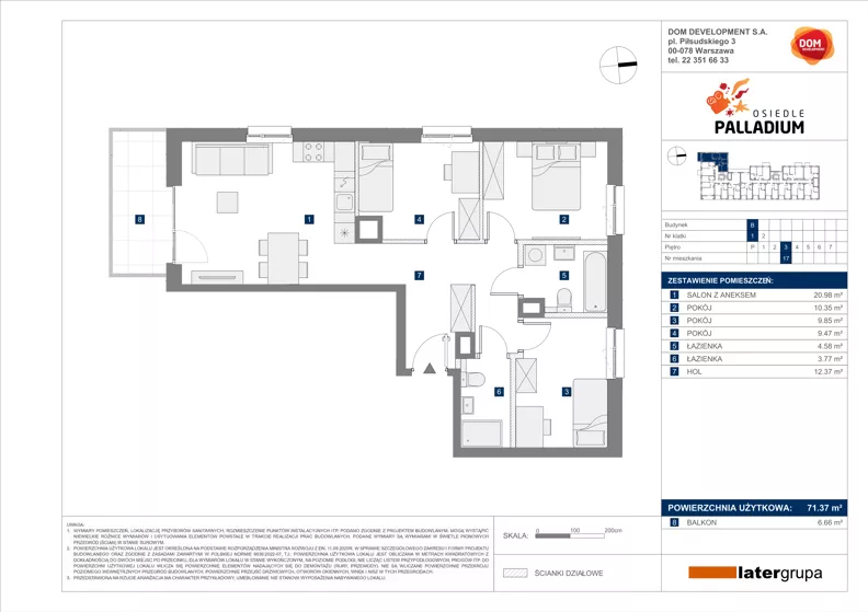 4 pokoje, mieszkanie 71,37 m², piętro 3, oferta nr B/17, Osiedle Palladium, Warszawa, Białołęka, Nowodwory, ul. Mieczysławy Ćwiklińskiej