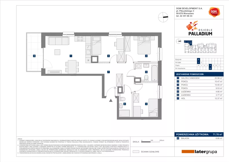 4 pokoje, mieszkanie 71,78 m², piętro 4, oferta nr B/22, Osiedle Palladium, Warszawa, Białołęka, Nowodwory, ul. Mieczysławy Ćwiklińskiej