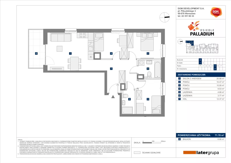 4 pokoje, mieszkanie 71,78 m², piętro 5, oferta nr B/27, Osiedle Palladium, Warszawa, Białołęka, Nowodwory, ul. Mieczysławy Ćwiklińskiej