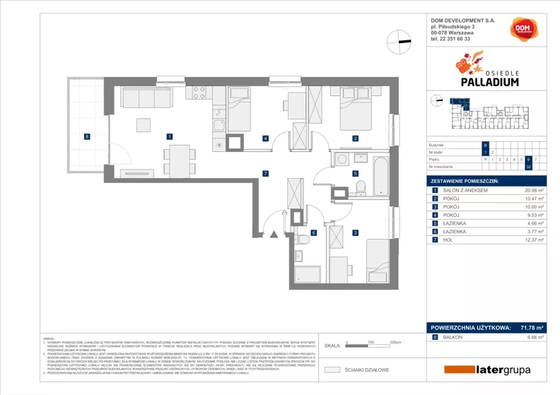 4 pokoje, mieszkanie 71,78 m², piętro 6, oferta nr B/32, Osiedle Palladium, Warszawa, Białołęka, Nowodwory, ul. Mieczysławy Ćwiklińskiej