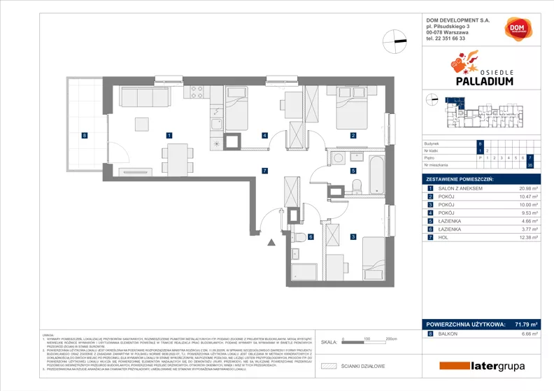 4 pokoje, mieszkanie 71,79 m², piętro 7, oferta nr B/35, Osiedle Palladium, Warszawa, Białołęka, Nowodwory, ul. Mieczysławy Ćwiklińskiej