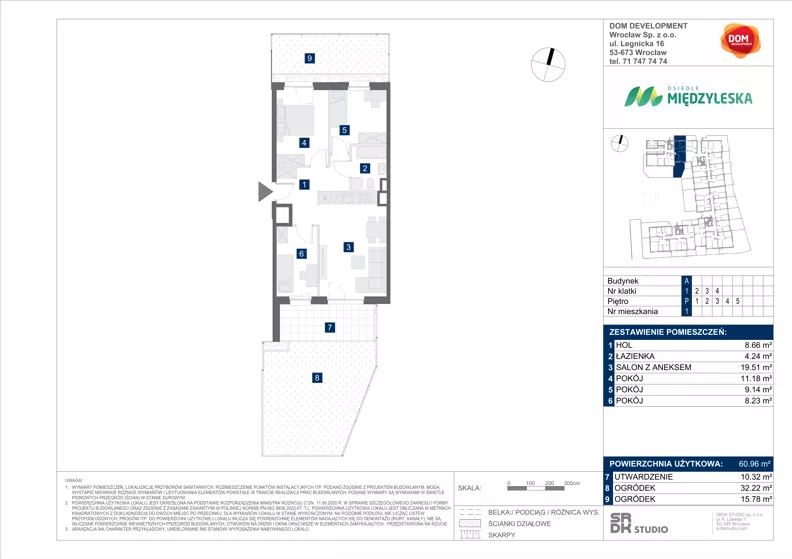 4 pokoje, mieszkanie 60,96 m², parter, oferta nr A/1, Międzyleska 4, Wrocław, Tarnogaj, Krzyki, ul. Międzyleska