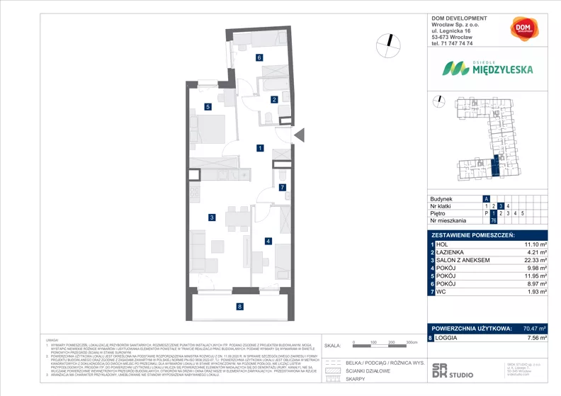 4 pokoje, mieszkanie 70,47 m², piętro 1, oferta nr A/76, Międzyleska 4, Wrocław, Tarnogaj, Krzyki, ul. Międzyleska
