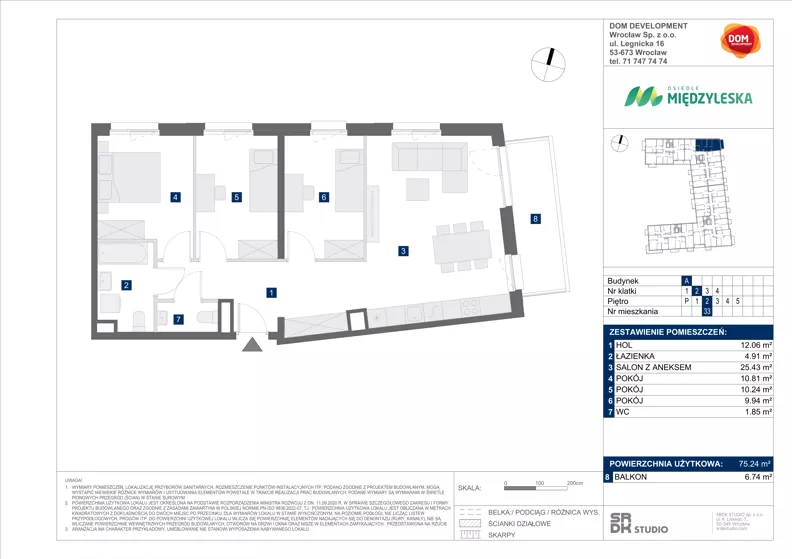 4 pokoje, mieszkanie 75,24 m², piętro 2, oferta nr A/33, Międzyleska 4, Wrocław, Tarnogaj, Krzyki, ul. Międzyleska
