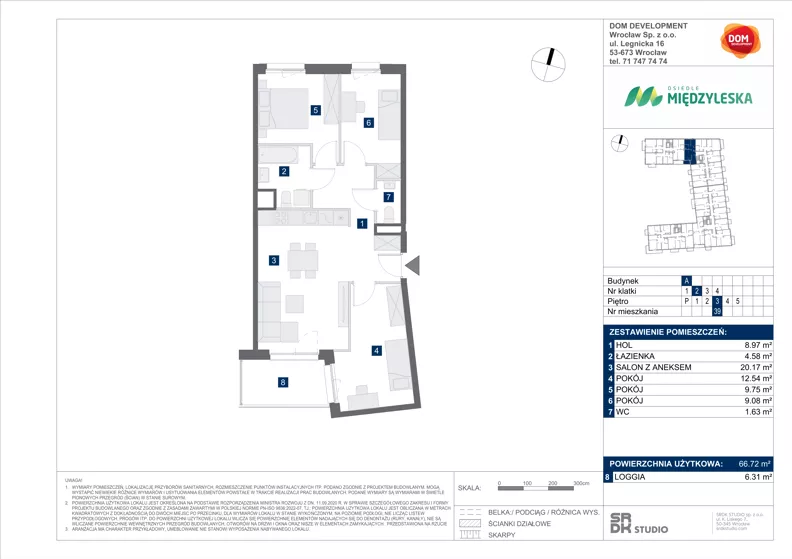 4 pokoje, mieszkanie 66,72 m², piętro 3, oferta nr A/39, Międzyleska 4, Wrocław, Tarnogaj, Krzyki, ul. Międzyleska