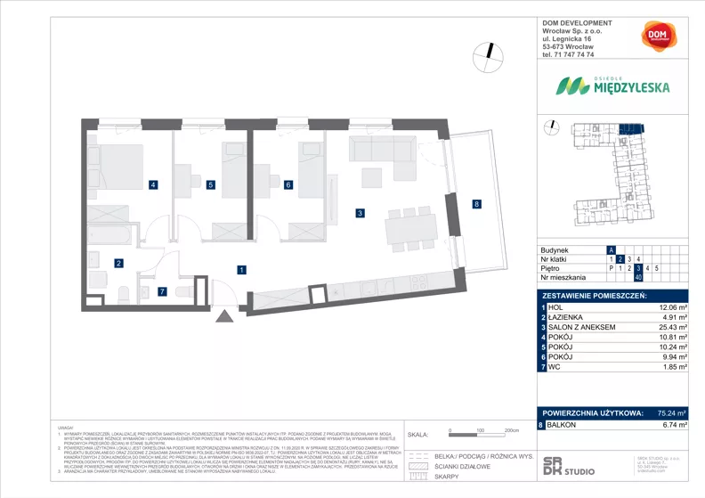4 pokoje, mieszkanie 75,24 m², piętro 3, oferta nr A/40, Międzyleska 4, Wrocław, Tarnogaj, Krzyki, ul. Międzyleska