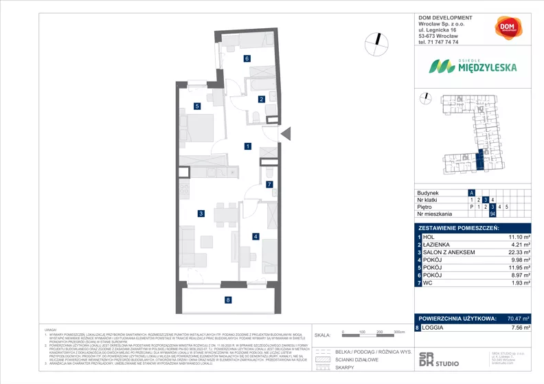 4 pokoje, mieszkanie 70,47 m², piętro 3, oferta nr A/94, Międzyleska 4, Wrocław, Tarnogaj, Krzyki, ul. Międzyleska