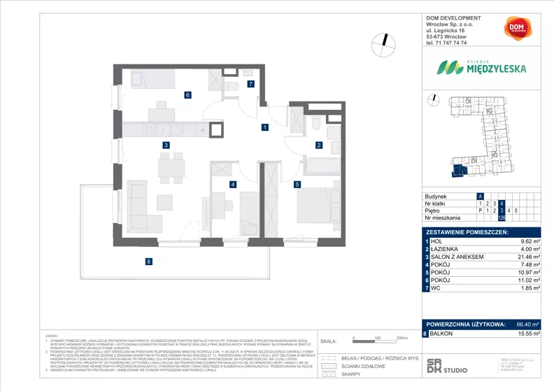 4 pokoje, mieszkanie 66,40 m², piętro 3, oferta nr A/126, Międzyleska 4, Wrocław, Tarnogaj, Krzyki, ul. Międzyleska