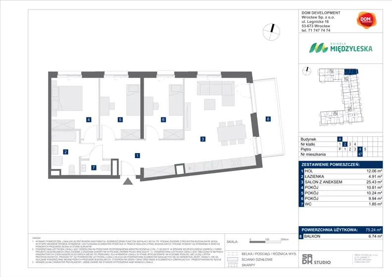 4 pokoje, mieszkanie 75,24 m², piętro 4, oferta nr A/47, Międzyleska 4, Wrocław, Tarnogaj, Krzyki, ul. Międzyleska