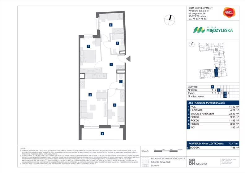 4 pokoje, mieszkanie 70,47 m², piętro 4, oferta nr A/103, Międzyleska 4, Wrocław, Tarnogaj, Krzyki, ul. Międzyleska