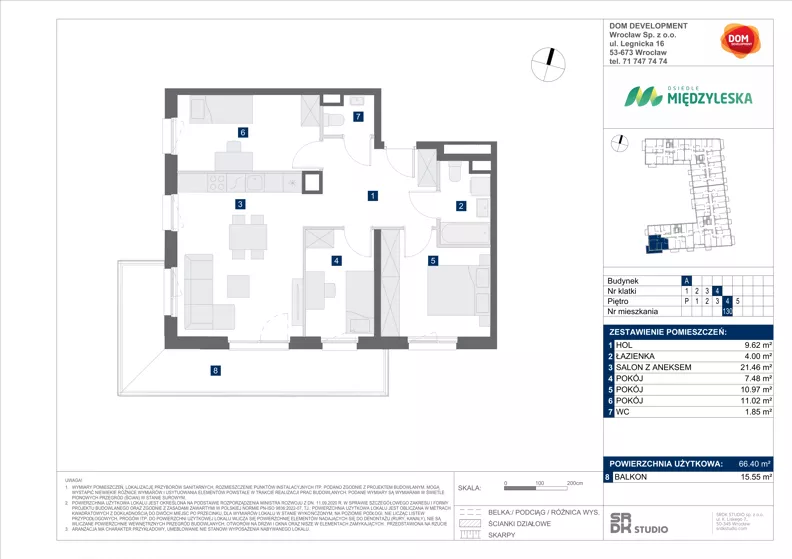 4 pokoje, mieszkanie 66,40 m², piętro 4, oferta nr A/130, Międzyleska 4, Wrocław, Tarnogaj, Krzyki, ul. Międzyleska