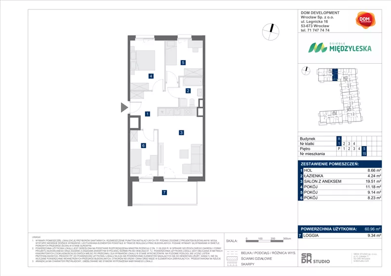 4 pokoje, mieszkanie 60,96 m², piętro 5, oferta nr A/15, Międzyleska 4, Wrocław, Tarnogaj, Krzyki, ul. Międzyleska