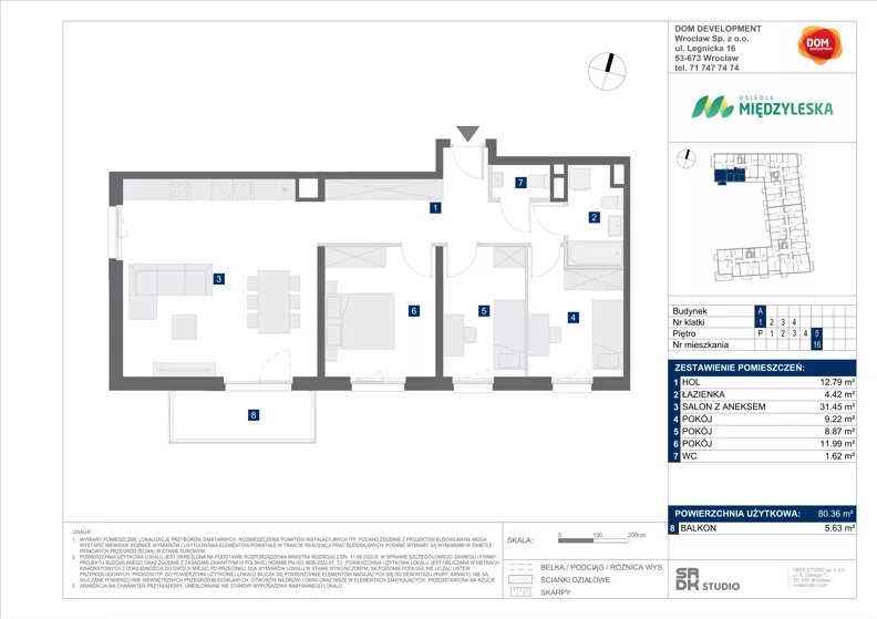 4 pokoje, mieszkanie 80,36 m², piętro 5, oferta nr A/16, Międzyleska 4, Wrocław, Tarnogaj, Krzyki, ul. Międzyleska