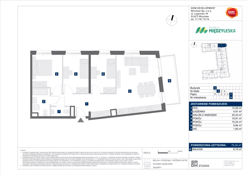 4 pokoje, mieszkanie 75,24 m², piętro 5, oferta nr A/54, Międzyleska 4, Wrocław, Tarnogaj, Krzyki, ul. Międzyleska