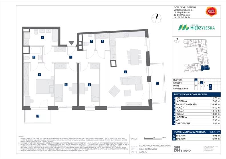 4 pokoje, mieszkanie 105,47 m², piętro 5, oferta nr A/110, Międzyleska 4, Wrocław, Tarnogaj, Krzyki, ul. Międzyleska