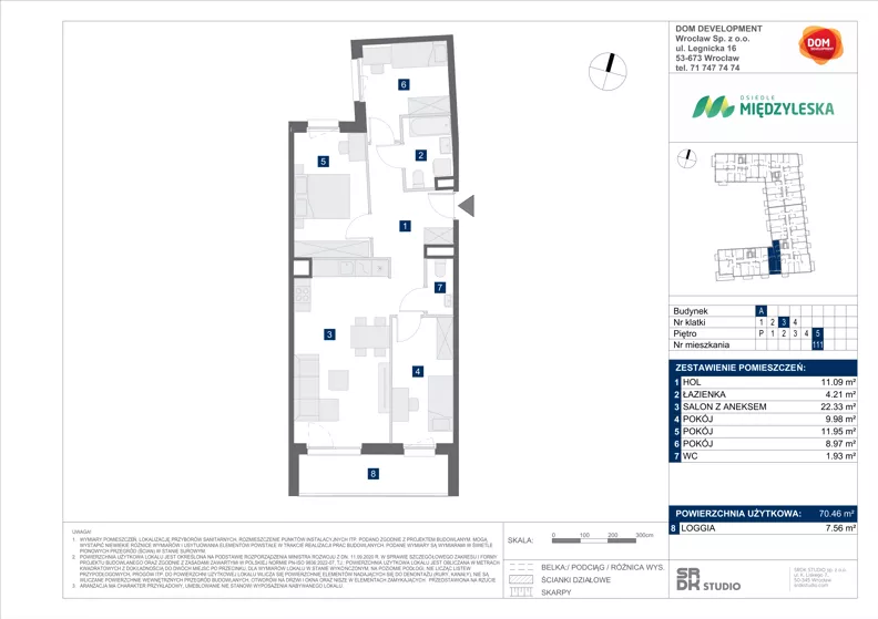 4 pokoje, mieszkanie 70,46 m², piętro 5, oferta nr A/111, Międzyleska 4, Wrocław, Tarnogaj, Krzyki, ul. Międzyleska
