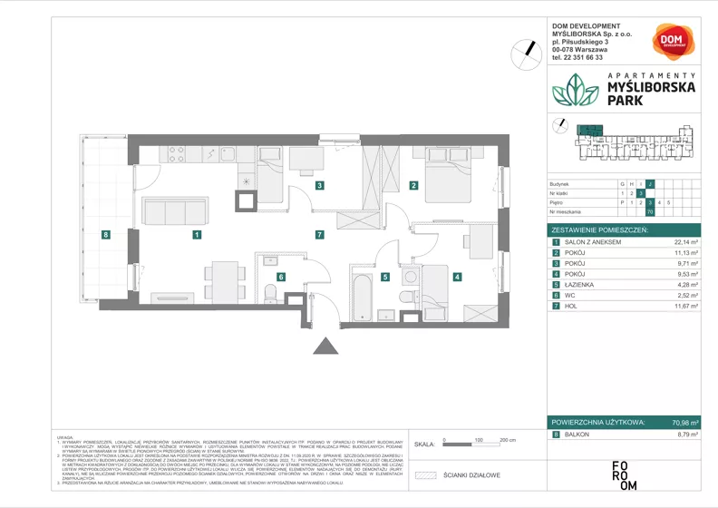 4 pokoje, mieszkanie 70,98 m², piętro 3, oferta nr J/70, Apartamenty Myśliborska Park, Warszawa, Białołęka, Żerań, ul. Myśliborska 11