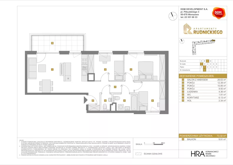 4 pokoje, mieszkanie 73,32 m², piętro 1, oferta nr C/5, Apartamenty Rudnickiego, Warszawa, Bielany, Piaski, ul. Rudnickiego 7